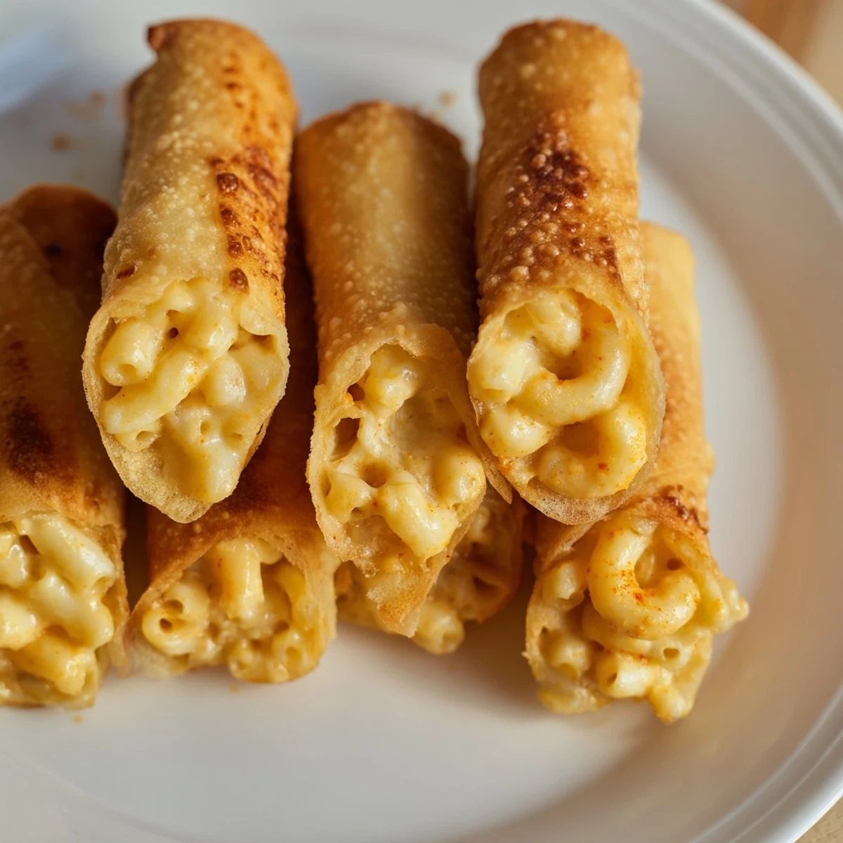 A close-up captures the delightful crunch of the golden-brown Tinis Mac and Cheese Lumpia Rolls' exterior texture.