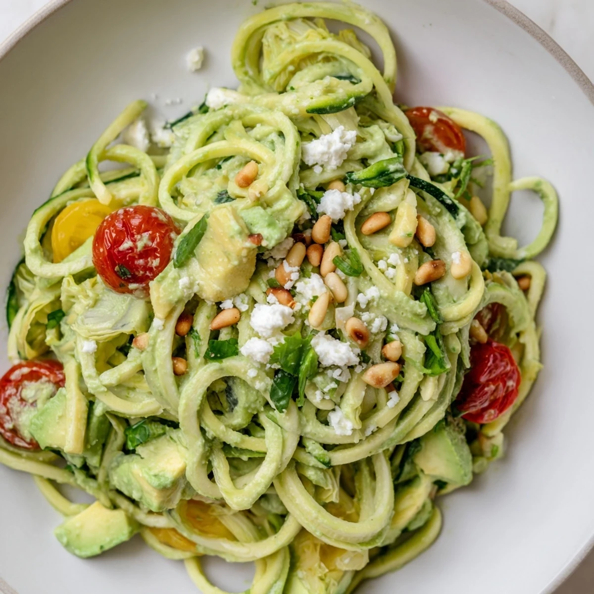 Bright green Green Goddess Zoodle Pasta, tossed & ready with cherry tomatoes and avocado.