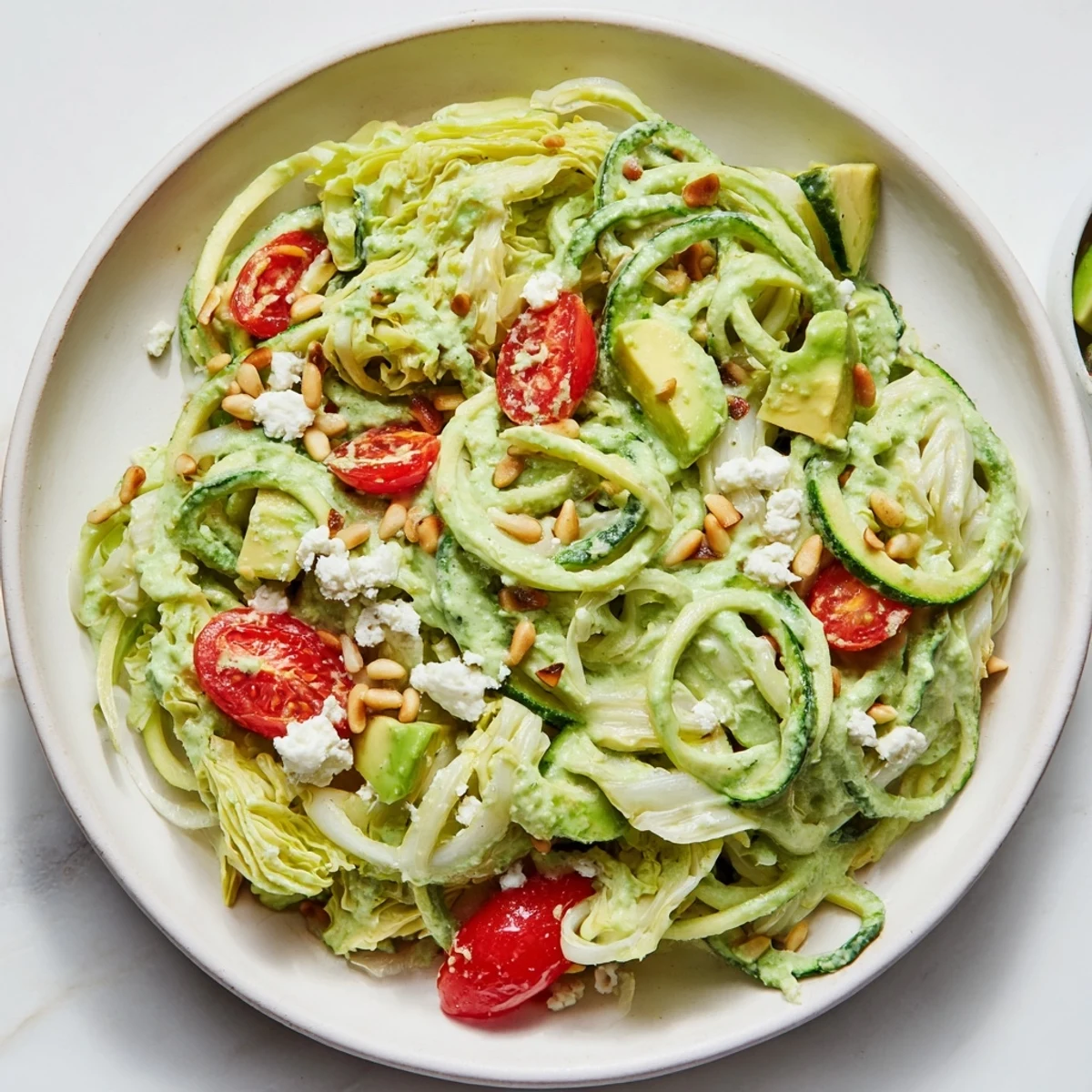 Creamy Green Goddess Zoodle Pasta, showcasing fresh zucchini noodles coated in vivid sauce, and cheese.