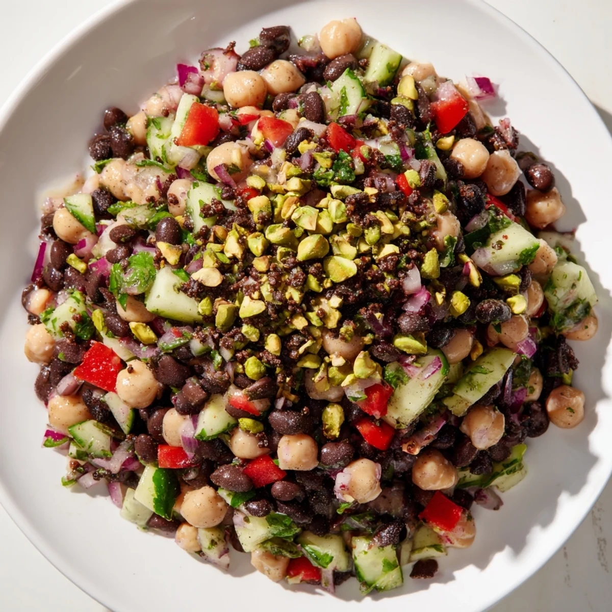 A vibrant Dense Bean Salad with Dubai Chocolate Notes topped with crunchy pistachios and cacao.