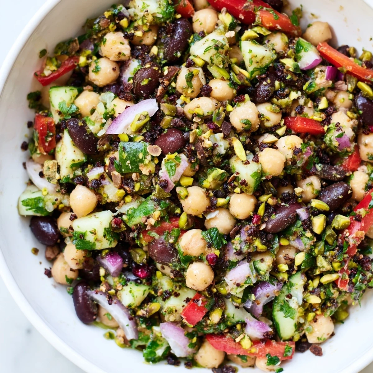Freshly tossed Dense Bean Salad showcasing hearty beans and a sweet and savory chocolate flavor profile.