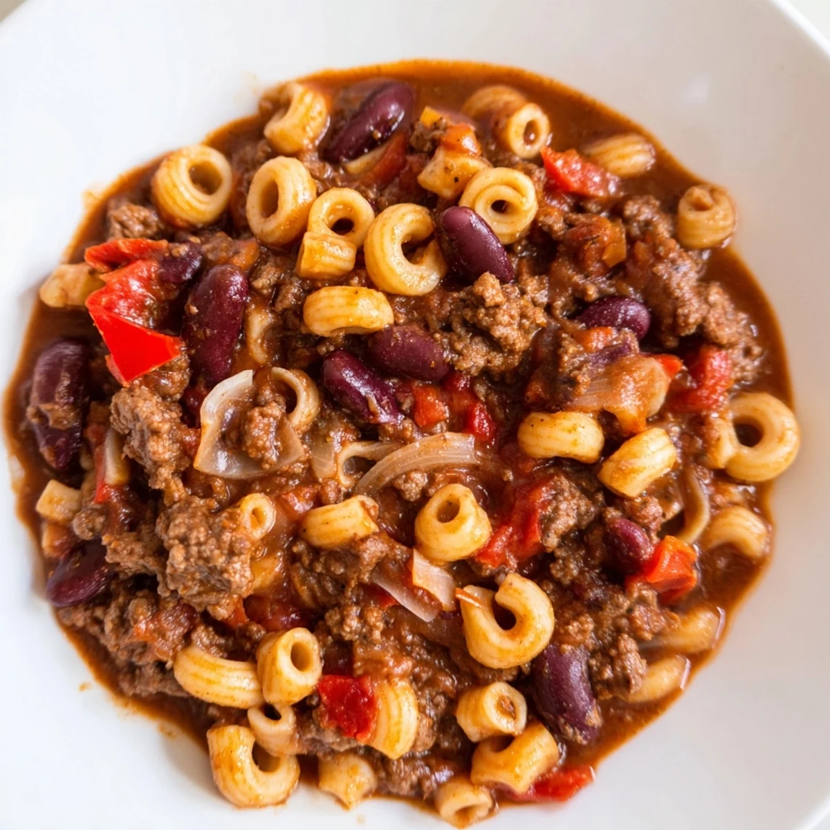 One-Pot Ditalini with Hot Cocoa Chili, a hearty meal of pasta, beef, and spicy chocolate.