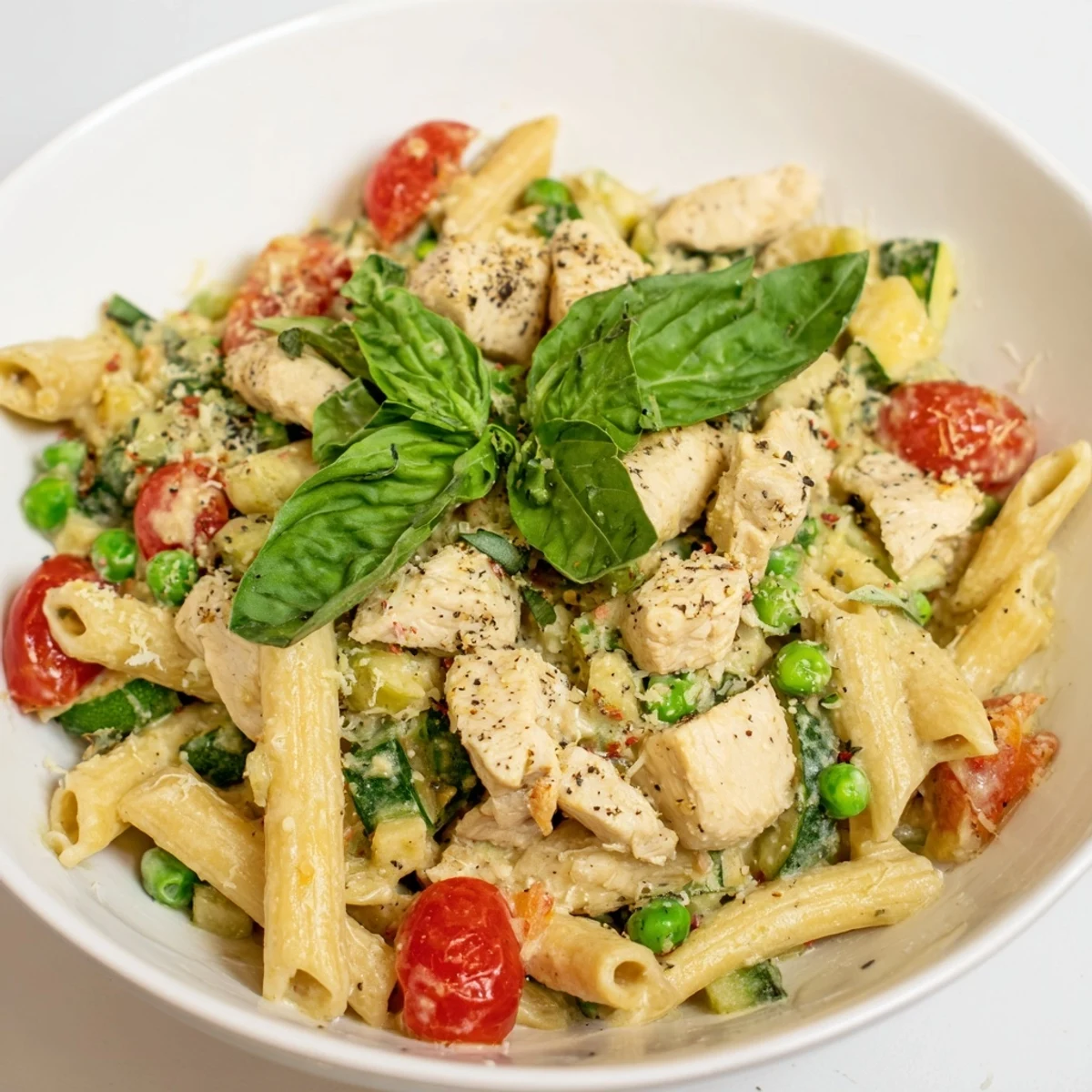 A steaming bowl of The Last Bite Chicken Pasta, garnished with fresh basil and lemon zest.