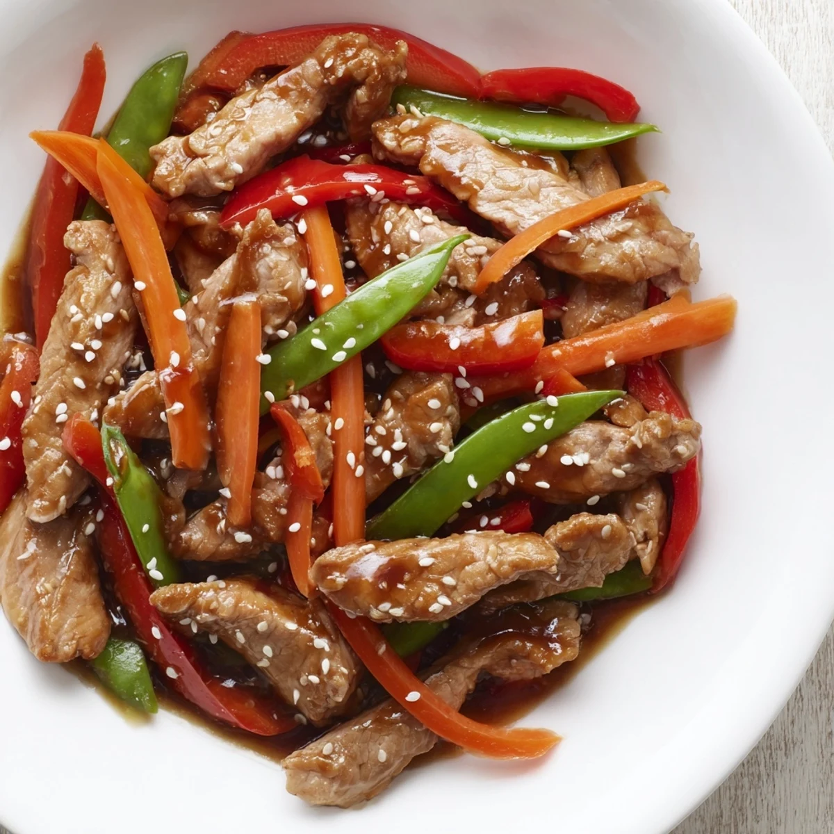 This Sweet Teriyaki Pork Stir-Fry showcases vibrant vegetables and tender pork coated in a rich, flavorful sauce.