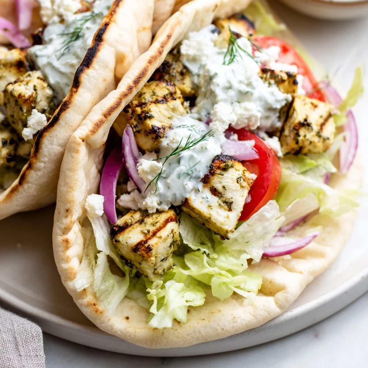 Tender grilled chicken souvlaki oozing with tzatziki sauce, perfect inside a warm pita wrap.