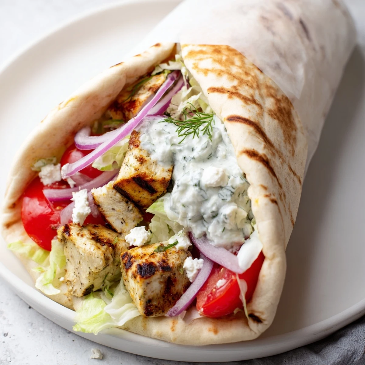 A close-up of delicious Greek chicken souvlaki wraps filled with flavorful grilled chicken and fresh toppings.