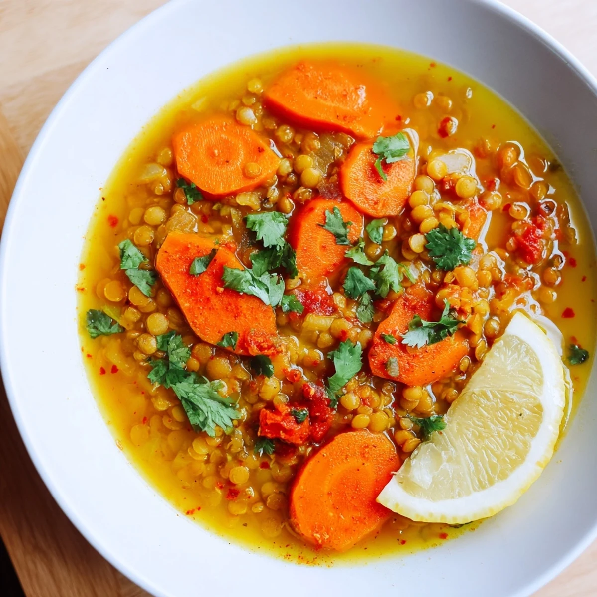 Steaming bowl of Spiced Carrot Lentil Soup, garnished with cilantro, ready to eat alongside warm naan.