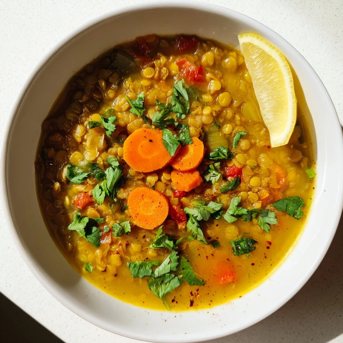 Close-up shot shows the rich, aromatic texture of this homemade Spiced Carrot Lentil Soup recipe.
