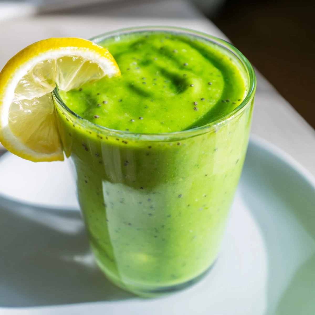 Creamy green Spinach Avocado Smoothie, ready to drink, a healthy start to your morning.