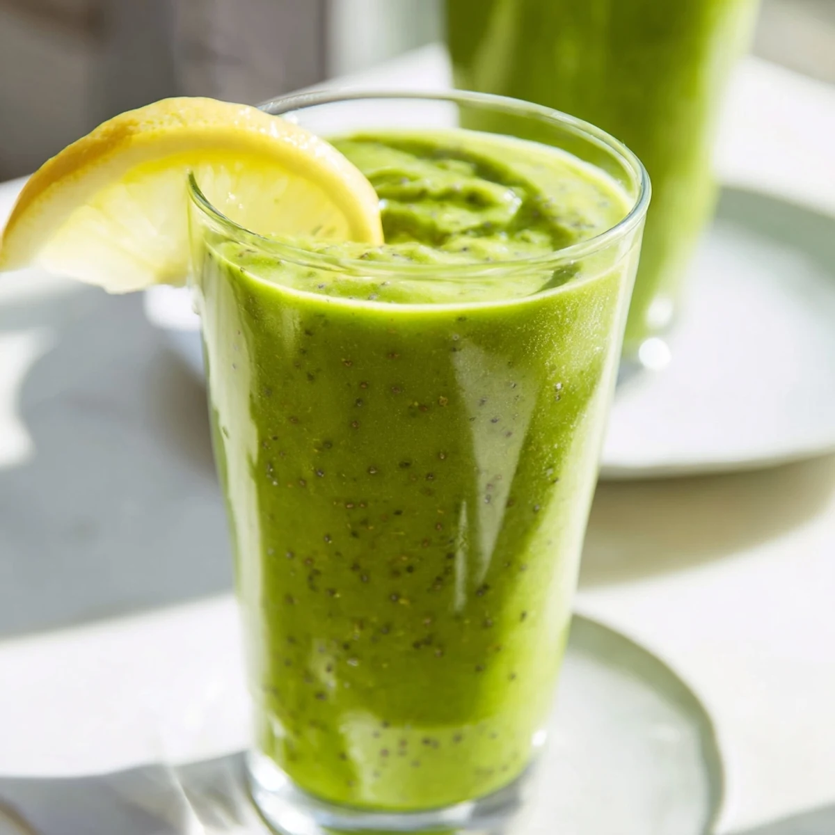 Bright green Spinach Avocado Smoothie, served cold, promises a refreshing, fruity, dairy-free treat.