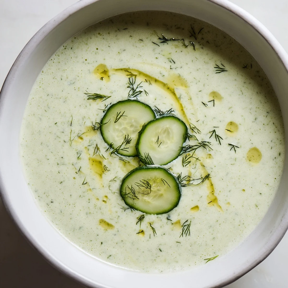Creamy chilled cucumber garlic soup garnished with fresh dill; a delightful summer starter.