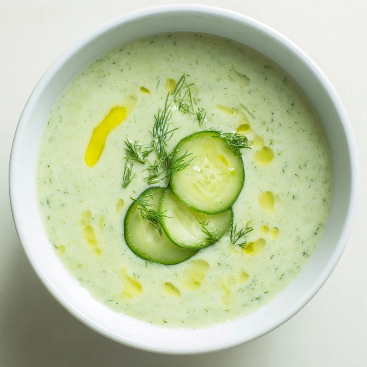 Cool and refreshing chilled cucumber garlic soup served in a chilled bowl, ready to enjoy.