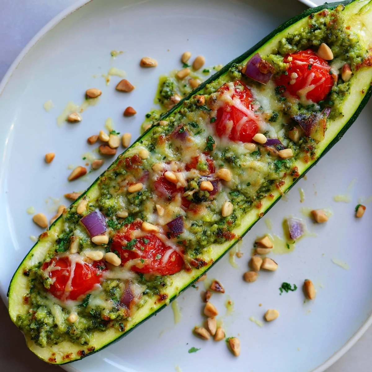 Golden, bubbly cheese melts atop savory, vibrant Cheesy Pesto Zucchini Boats ready to eat.