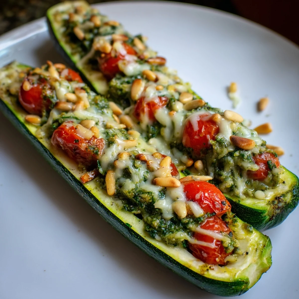 Mediterranean-inspired Cheesy Pesto Zucchini Boats offer a satisfying vegetarian meal, bursting with pesto and veggies.