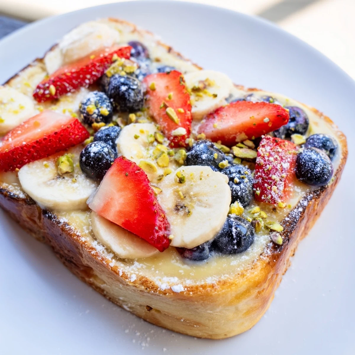 Warm, golden-brown Viral Yogurt Toast topped with colorful, fresh berries for a tasty breakfast.