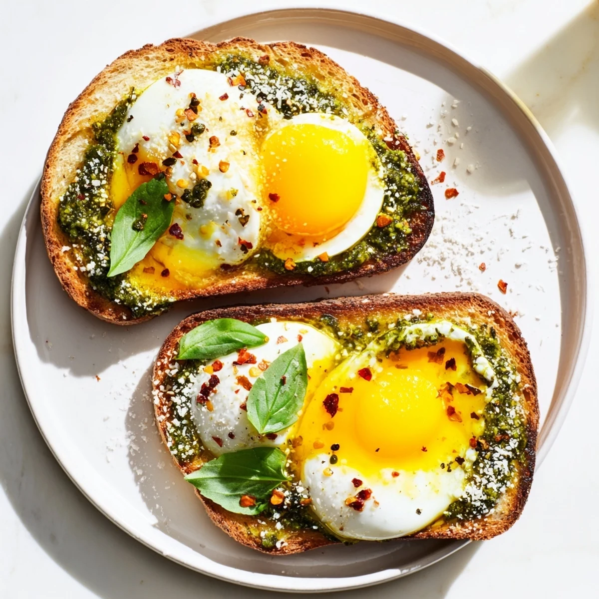 Pesto egg toast: Golden, toasted bread topped with bright green pesto and creamy, perfectly cooked eggs.