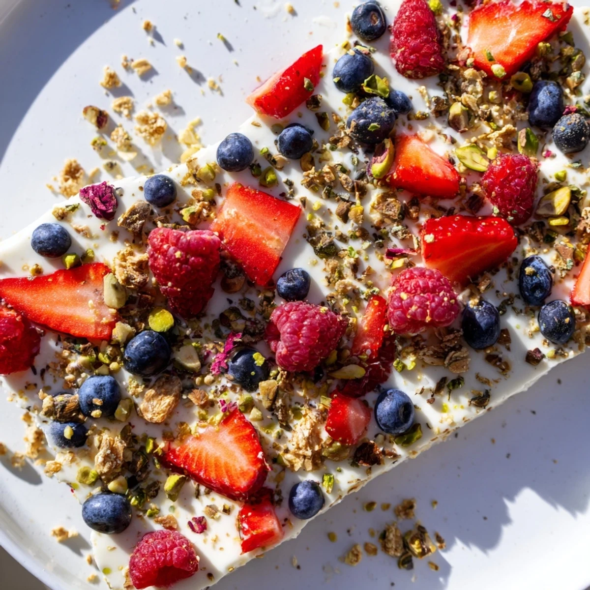 Vibrant frozen fruit yogurt bark with colorful berries and crunchy granola, a delightful snack.