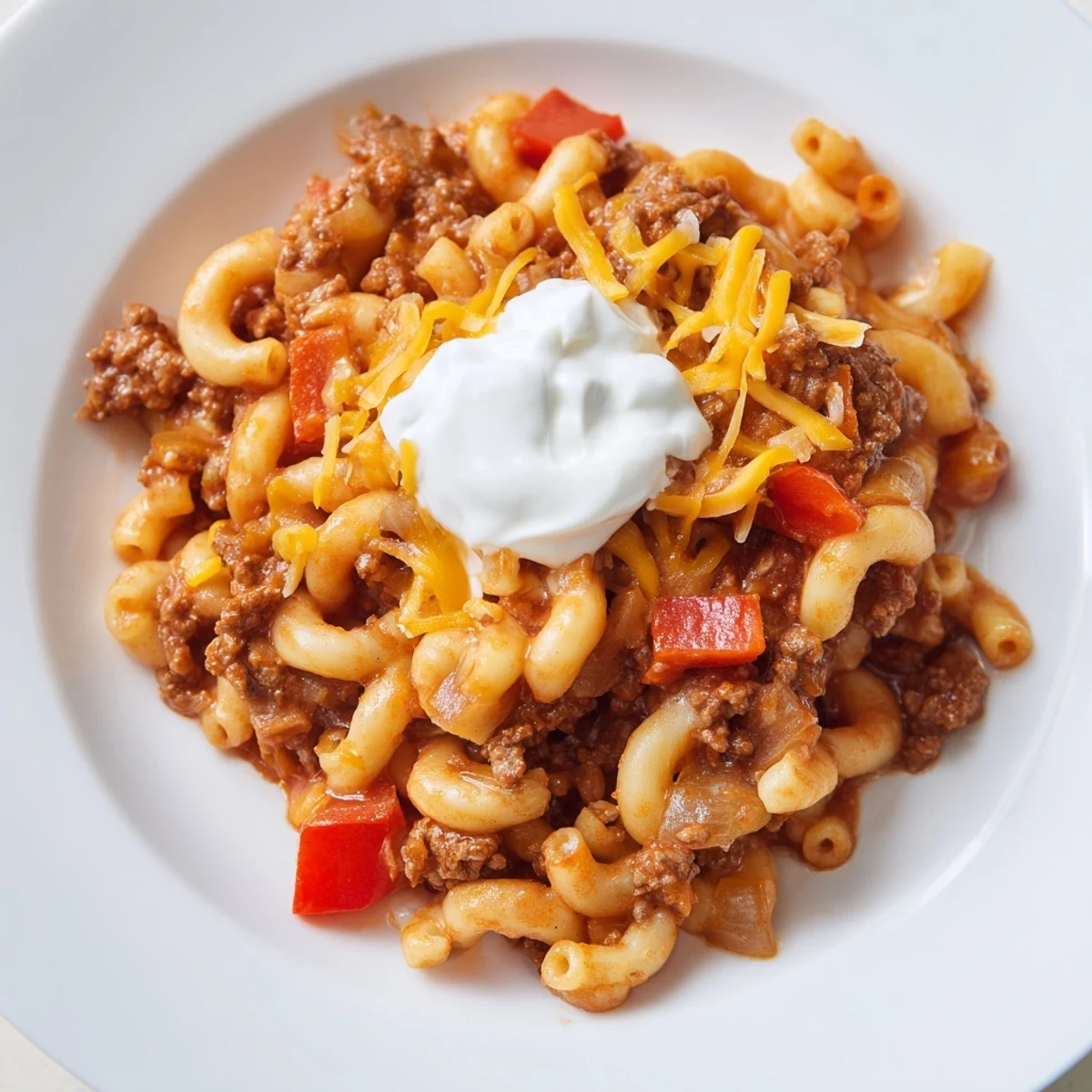 One-Pot Chili Mac bubbling in a pot, ready to scoop and serve for a hearty, comforting meal.