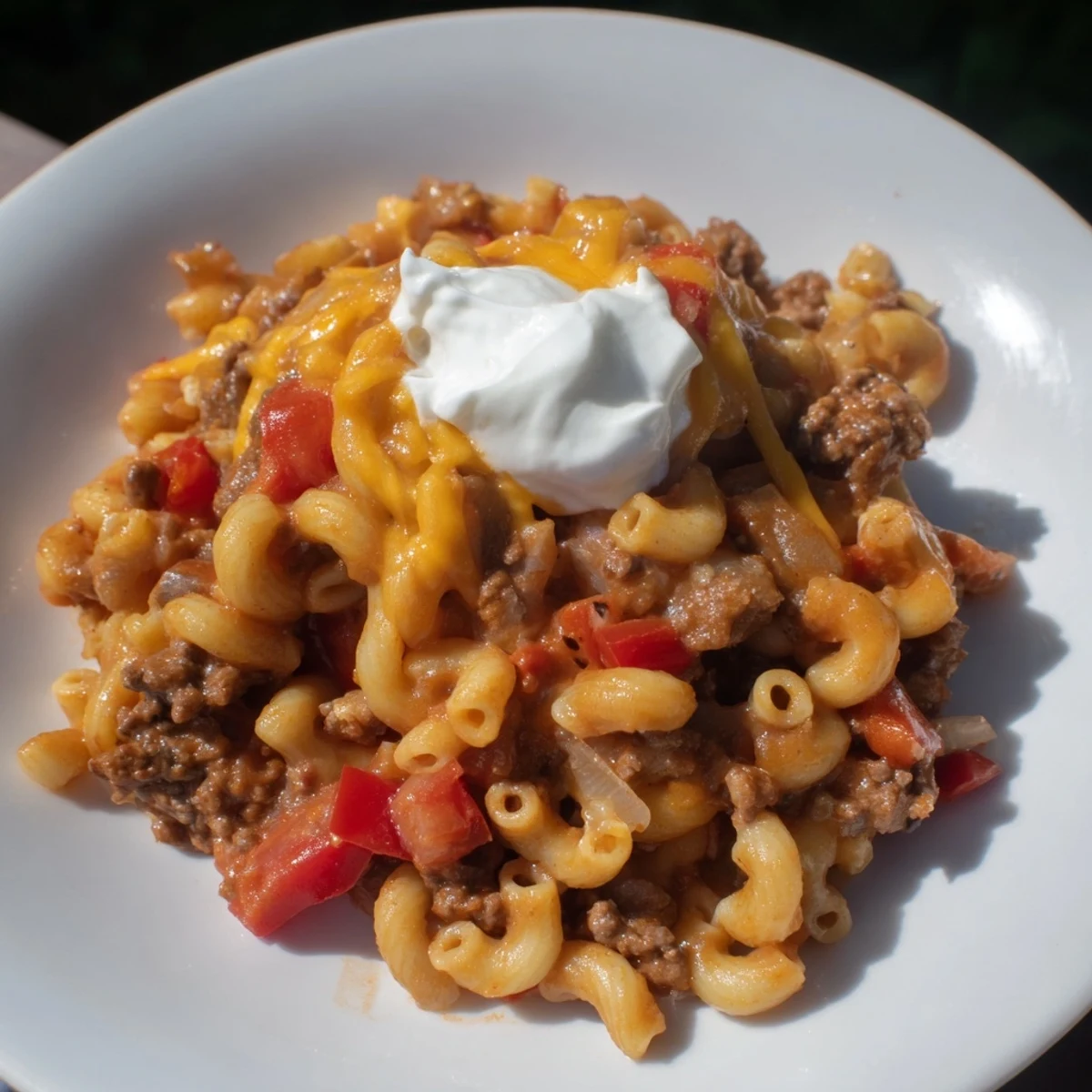 A close-up of steaming One-Pot Chili Mac, showcasing tender macaroni and savory, flavorful ingredients.