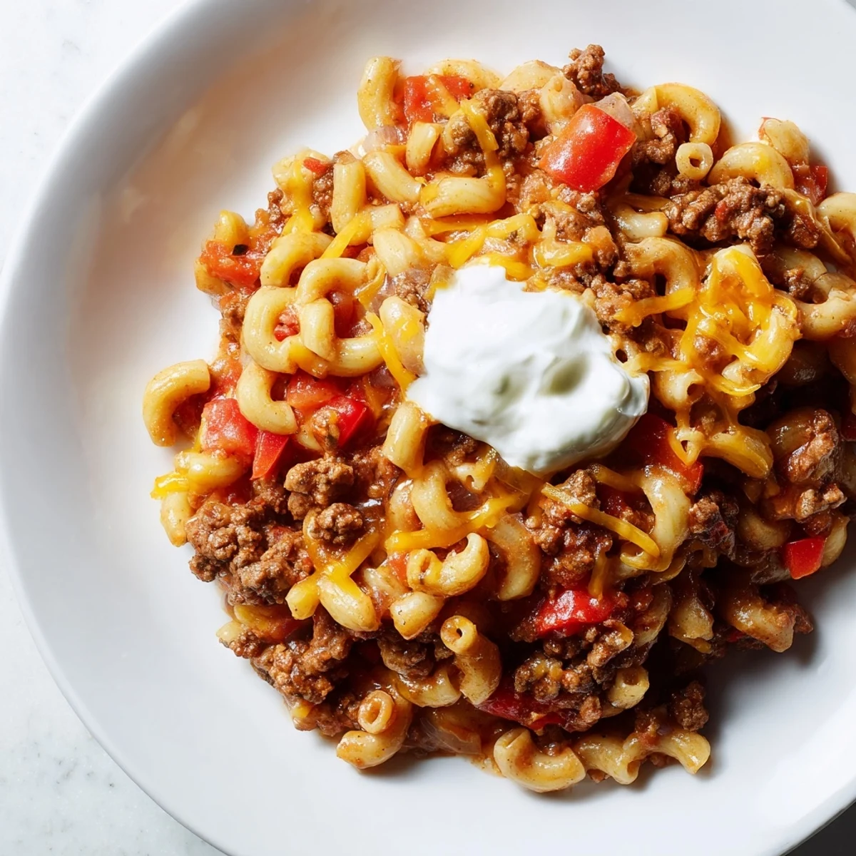 Creamy One-Pot Chili Mac topped with melted cheddar, perfect for a family-friendly, weeknight dinner.