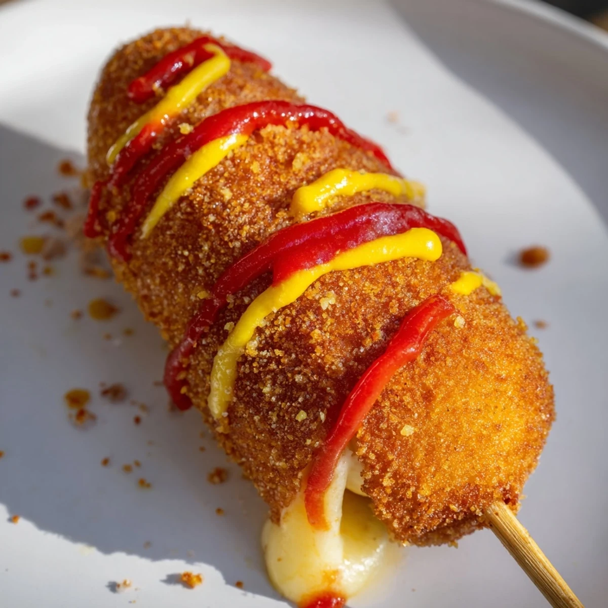 Golden-brown, crispy Cheesy Korean Corn Dogs are served hot with ketchup and mustard, a perfect snack.