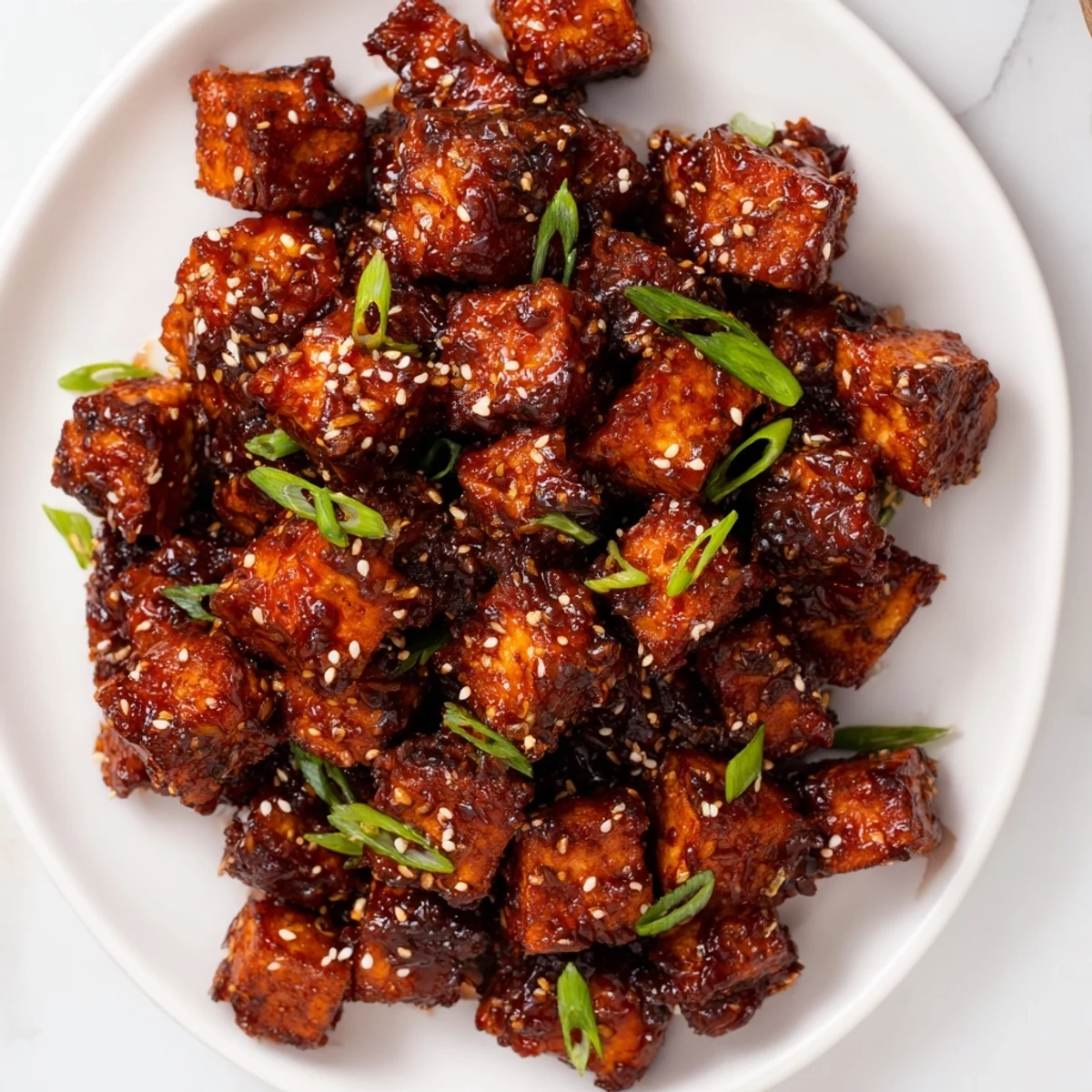 Golden-brown Honey Gochujang Tofu glistening with a sweet and spicy glaze ready to eat.