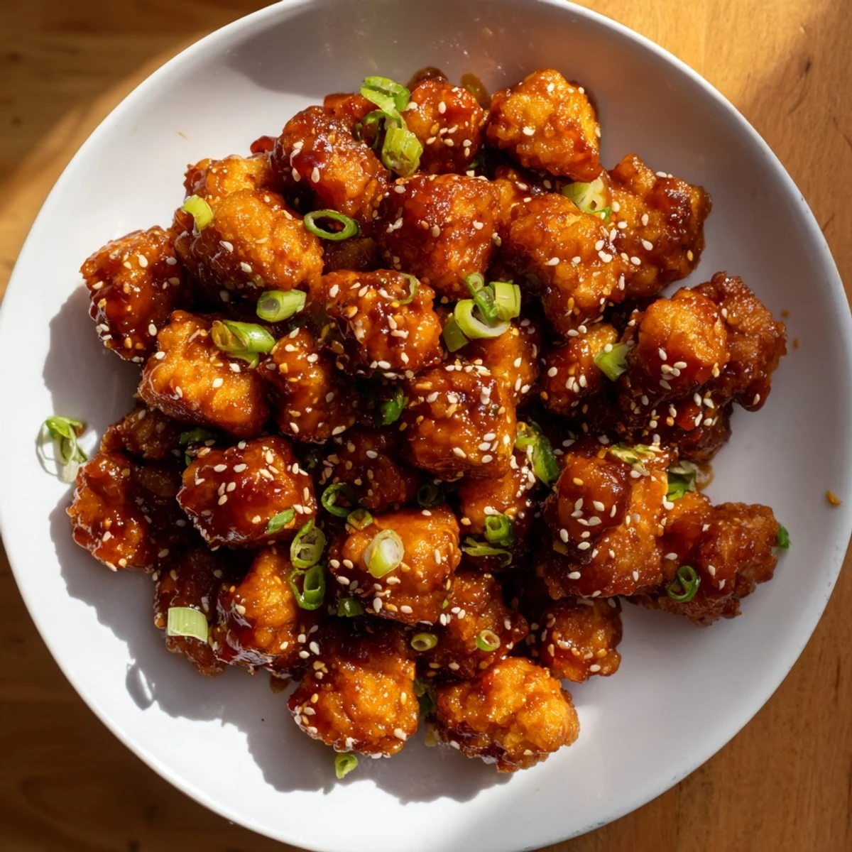 Close-up of crispy Honey Gochujang Tofu, sprinkled with sesame seeds, perfect for sharing.