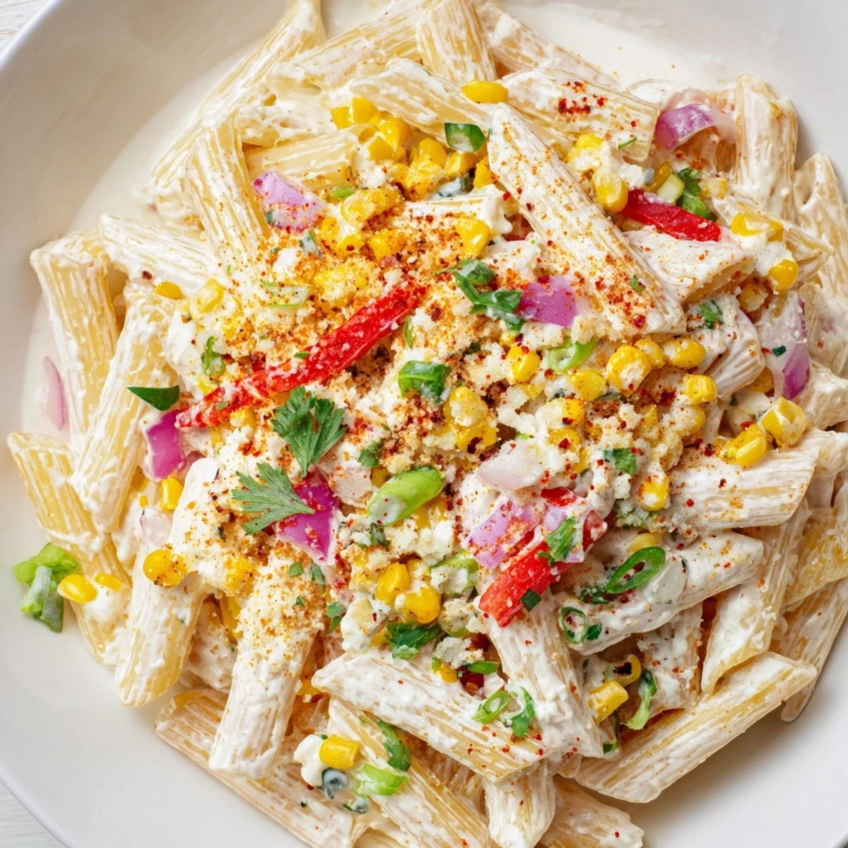 Creamy and delicious Mexican Street Corn Pasta, a flavorful vegetarian side dish, beautifully plated.