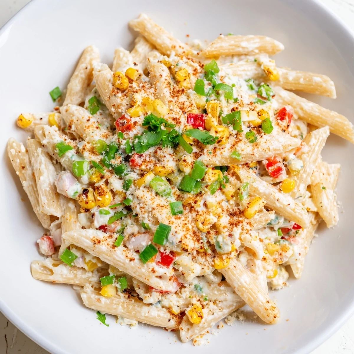 A colorful photo of Mexican Street Corn Pasta, bursting with vibrant corn and creamy sauce.