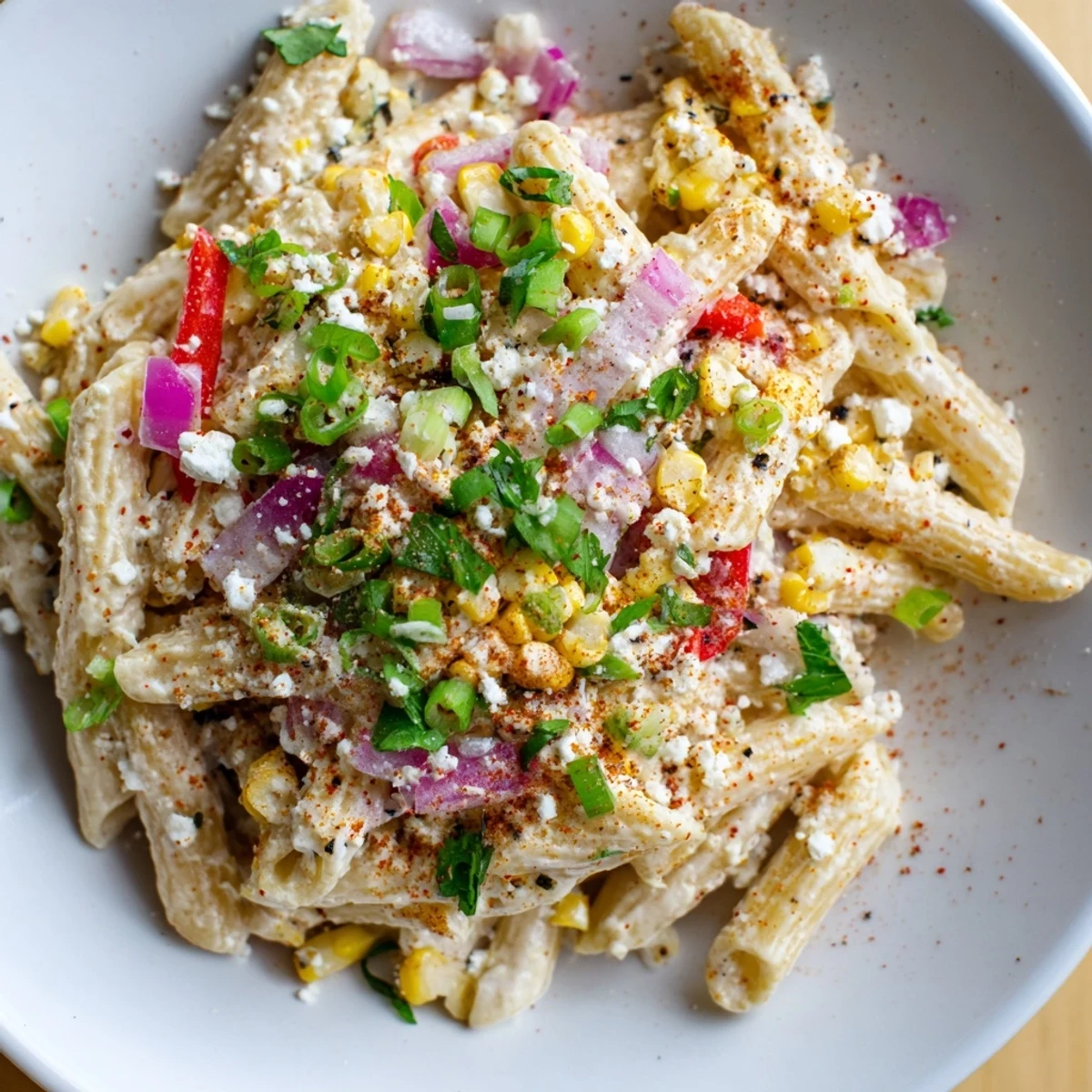 Freshly tossed Mexican Street Corn Pasta, featuring charred corn and perfect for a summer gathering.