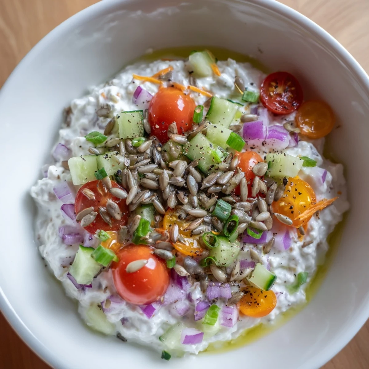 A vibrant cottage cheese snack bowl with fresh vegetables, ready for a protein-packed bite.