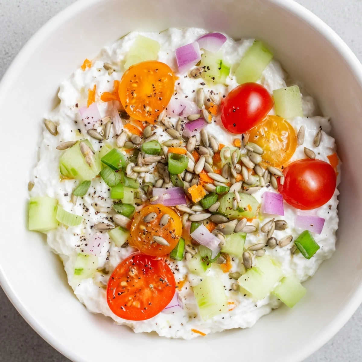 Bright, colorful cottage cheese snack bowl, a flavorful mix of creamy cheese and crunchy toppings.