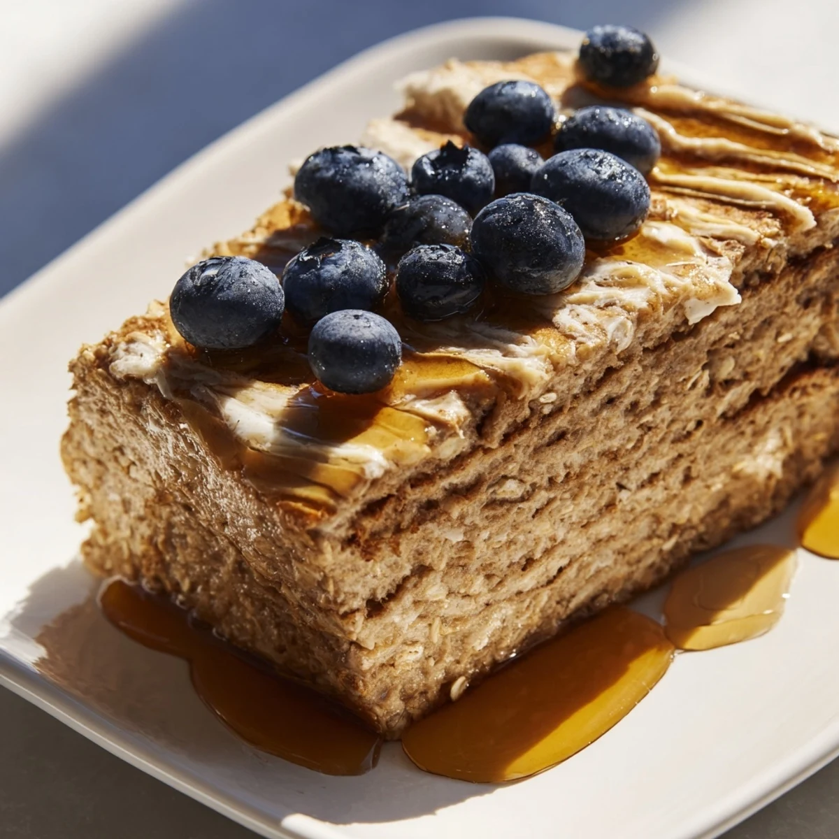 Fluffy Protein Pancake Oats, golden-brown and baked, ready to serve with fresh berries and Greek yogurt.