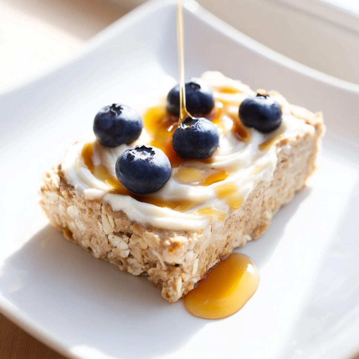Warm Protein Pancake Oats, a baked oat cake, with a soft interior and topped with fresh fruit for a protein boost.