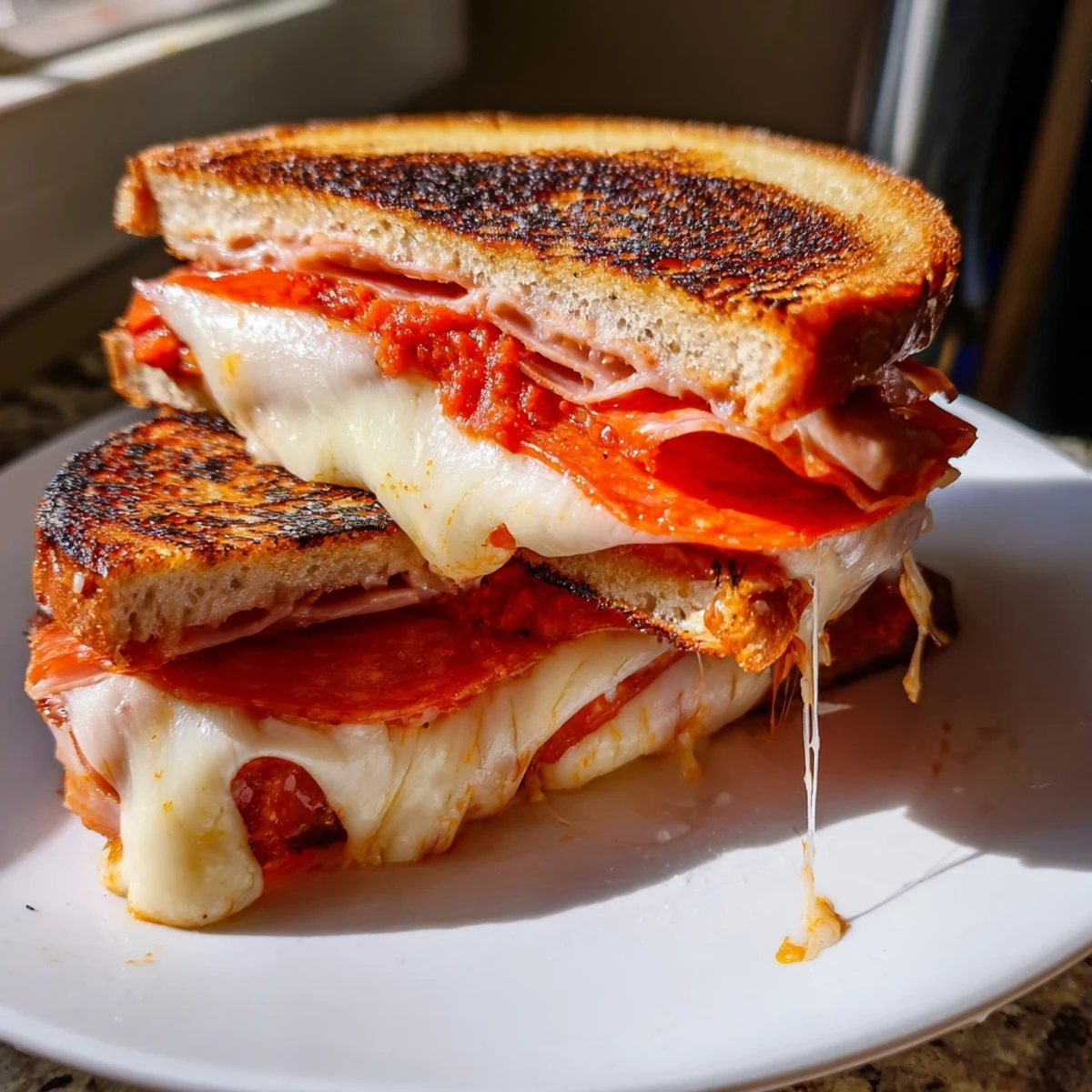 Golden, melty Pizza Grilled Cheese: a comforting sandwich with crispy bread and oozing cheese.