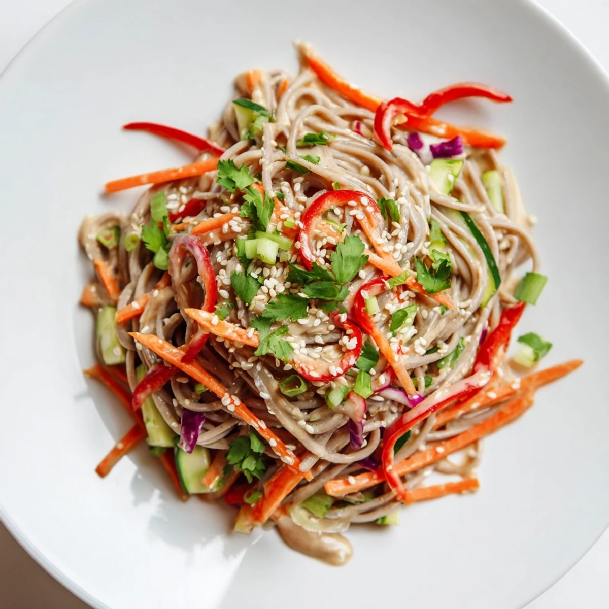Vibrant soba noodle salad tossed with colorful veggies, sesame dressing, and fresh cilantro, a cool lunch.