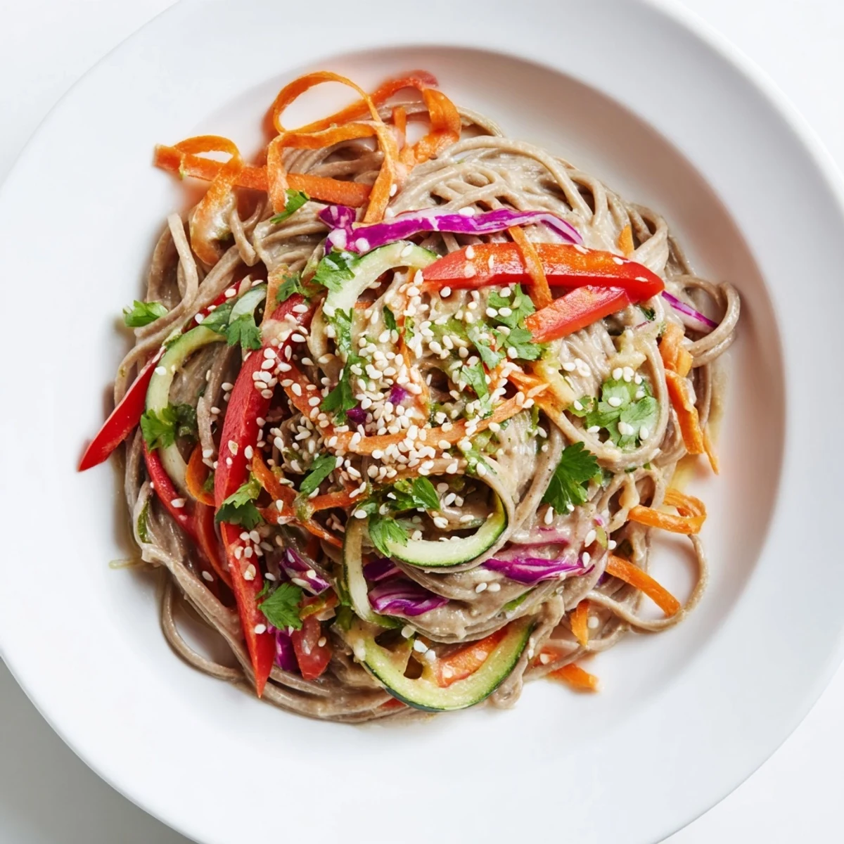 Delicious and healthy soba noodle salad: cold noodles combined with fresh vegetables and creamy peanut dressing.