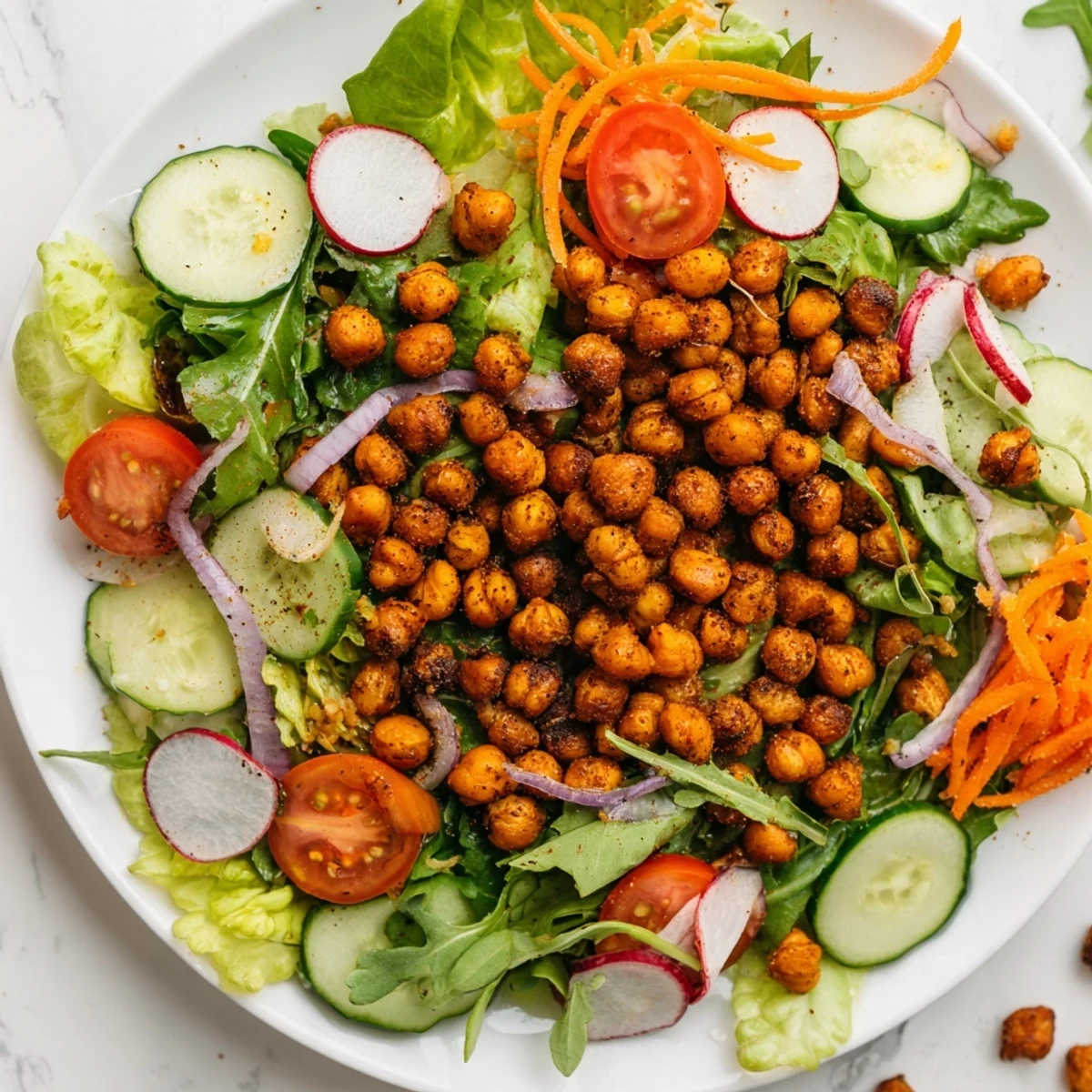 Fresh, colorful Mixed Greens Salad with crispy chickpeas; a bright, healthy side dish.