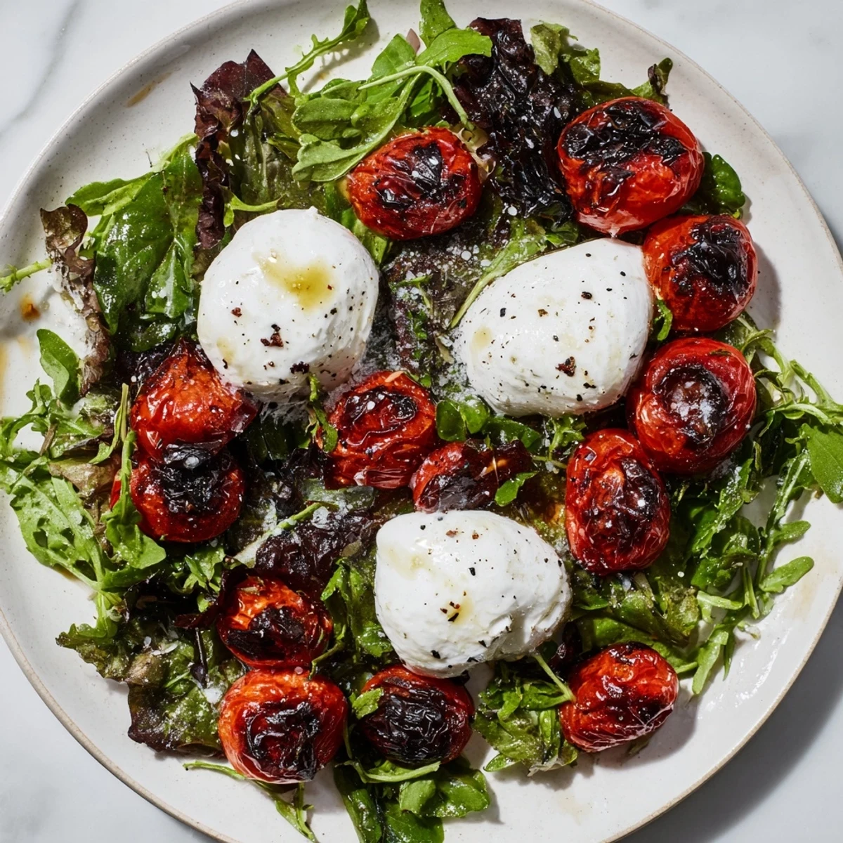 Charred Tomato Salad with Burrata: Juicy, blistered tomatoes and creamy burrata on a vibrant bed of greens.