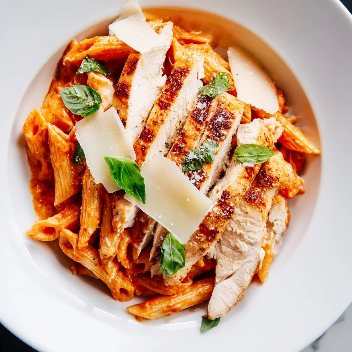 Creamy Tomato Basil Chicken Pasta glistening with a rich, vibrant sauce and fresh basil.