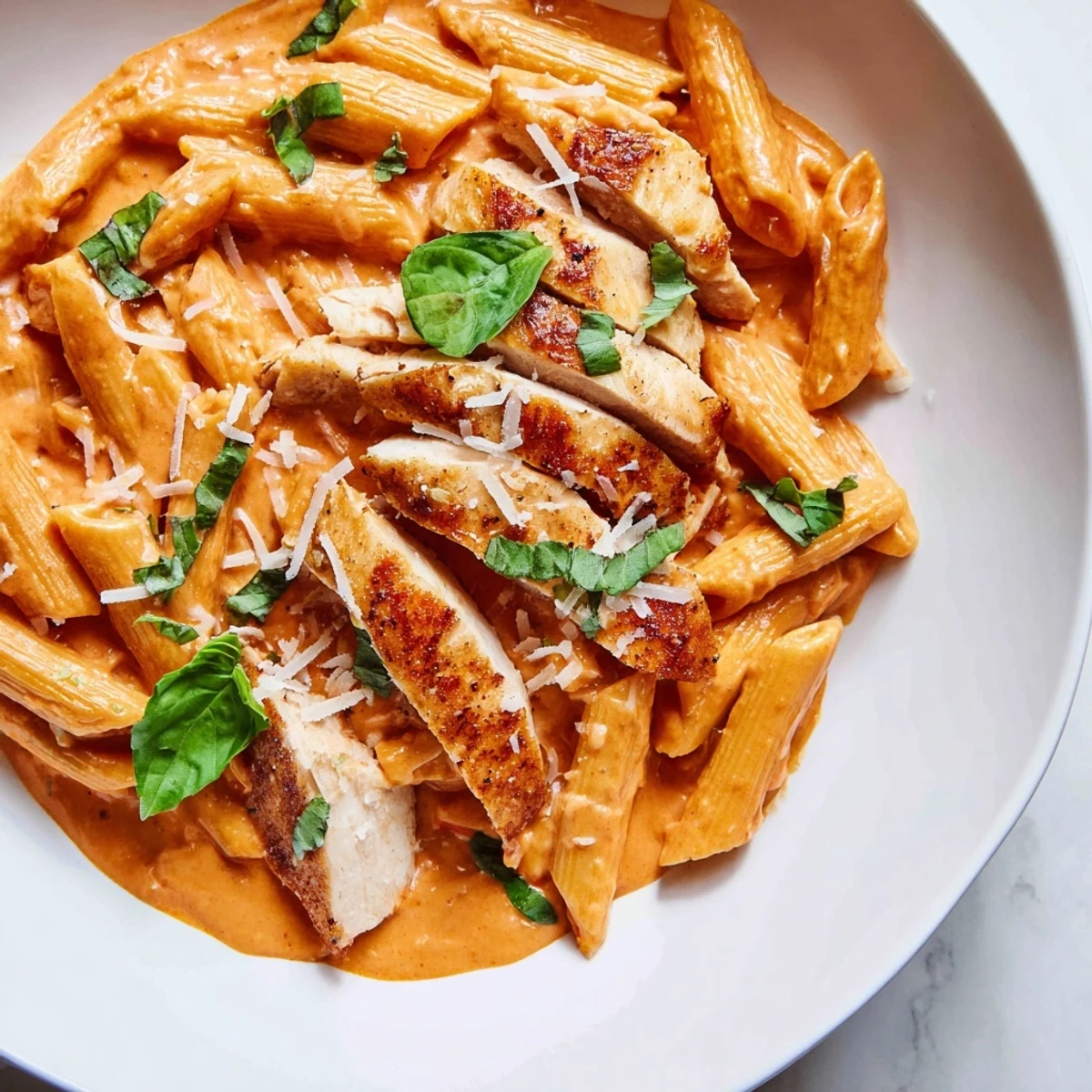 Enjoy a comforting bowl of Italian-American Creamy Tomato Basil Chicken Pasta, perfectly plated and ready.