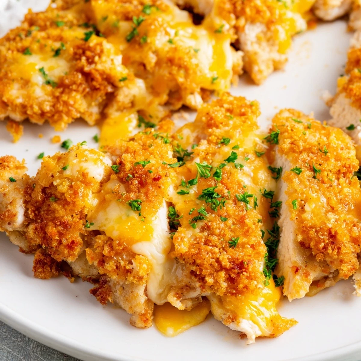 Golden, bubbly Cheesy Baked Chicken Breast with melted cheese, perfect for a cozy weeknight dinner.