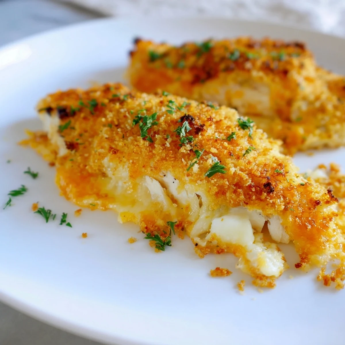 Savory Cheesy Baked Chicken Breast with a crispy breadcrumb topping, freshly baked for a delicious meal.