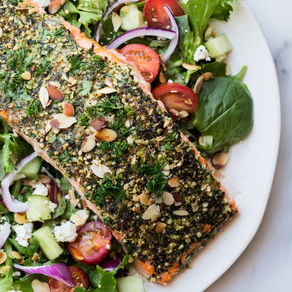Flavorful herb-crusted salmon salad, a light and vibrant dinner with fresh ingredients.