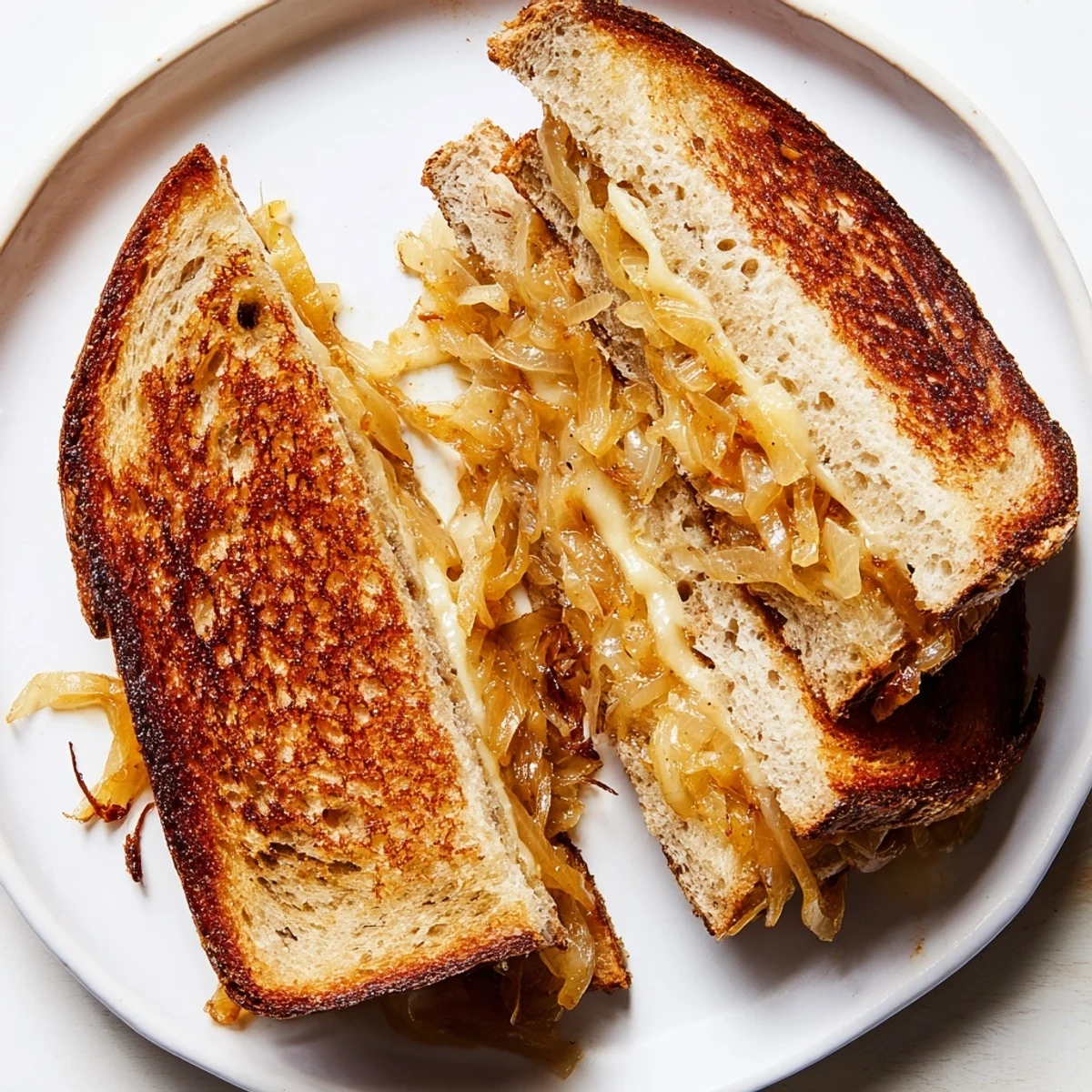 Rustic sourdough holds gooey Gruyère and caramelized onions within this stunning grilled cheese sandwich.