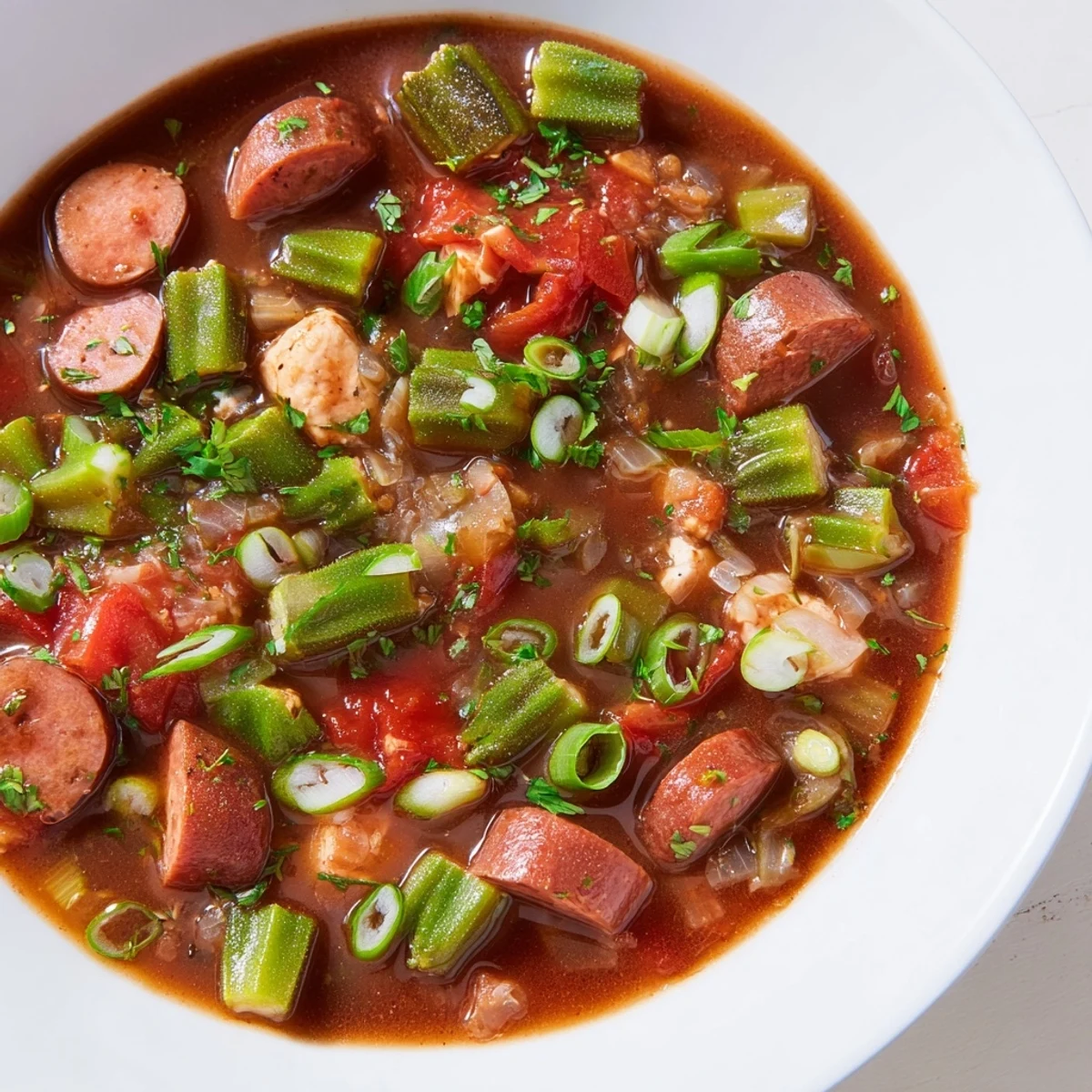 Steaming bowl of Gumbo Okra Soup, filled with savory chicken, sausage, and vegetables, ready to serve.