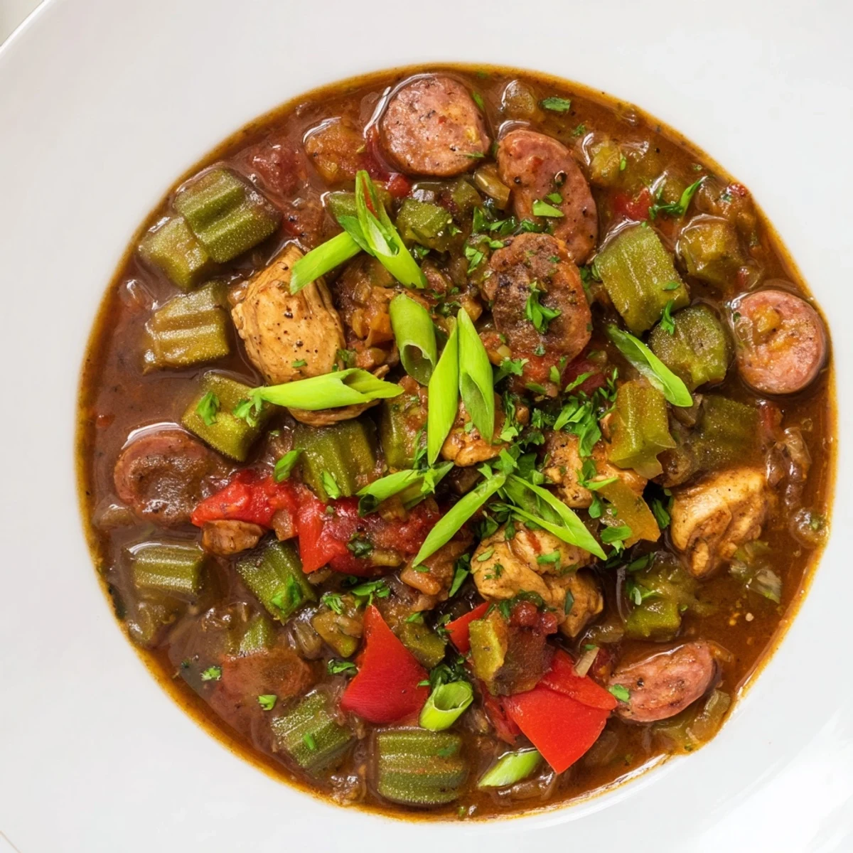 Homemade Gumbo Okra Soup, the iconic Louisiana stew, simmered with chicken and served over fluffy rice.