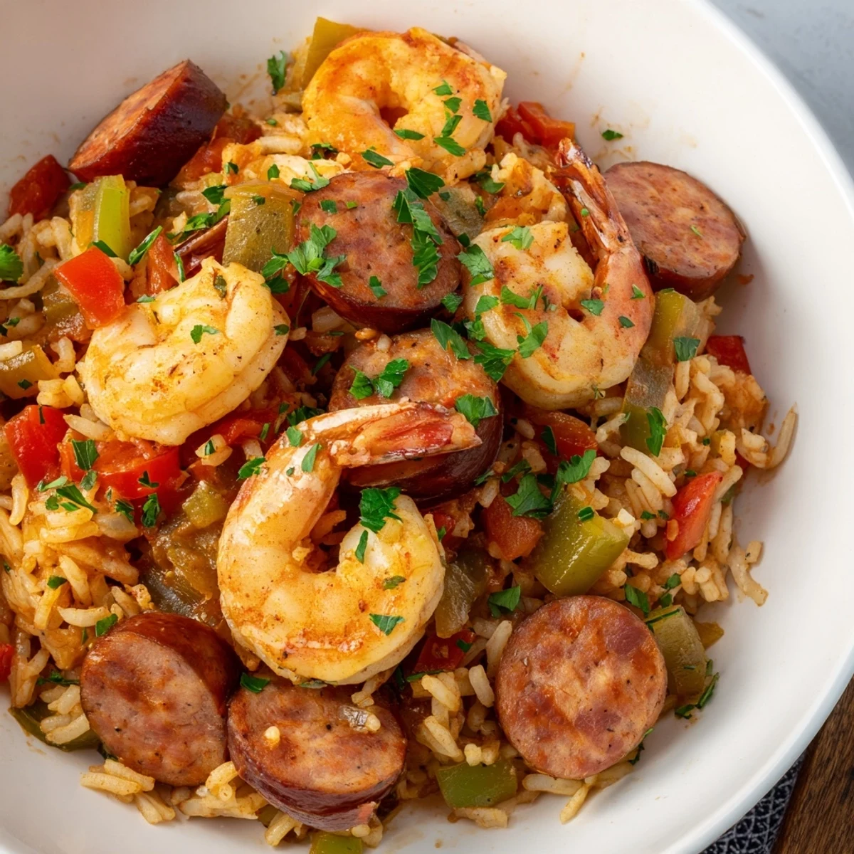This image reveals a steaming, hearty Jambalaya Skillet, ready for a satisfying Southern-style dinner.
