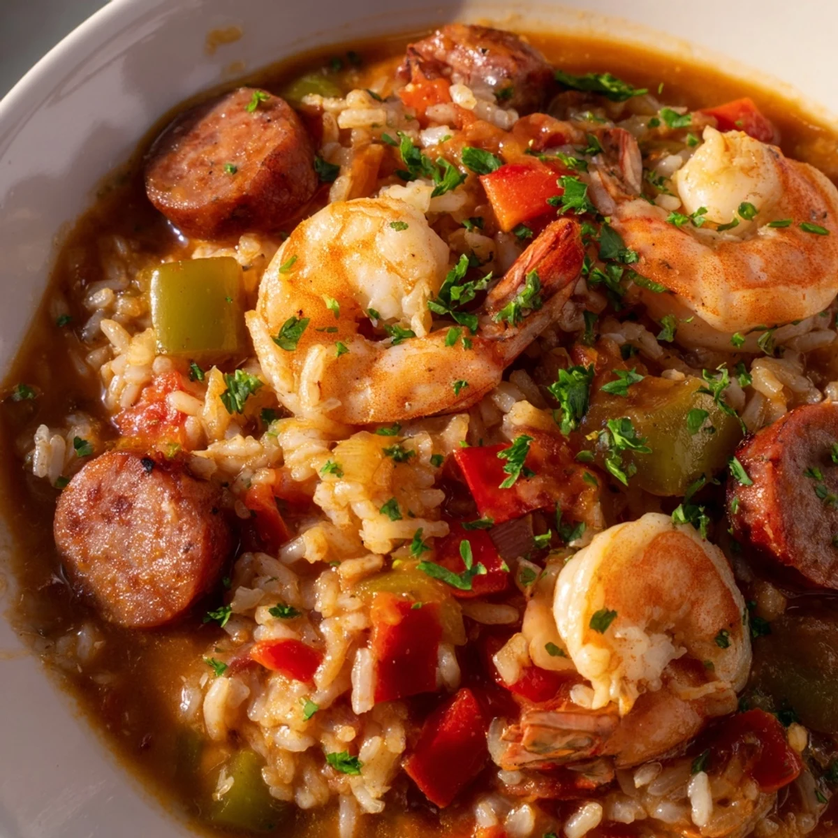 A photo showcases a delicious, one-skillet Jambalaya, rich with vibrant tomatoes and spices.
