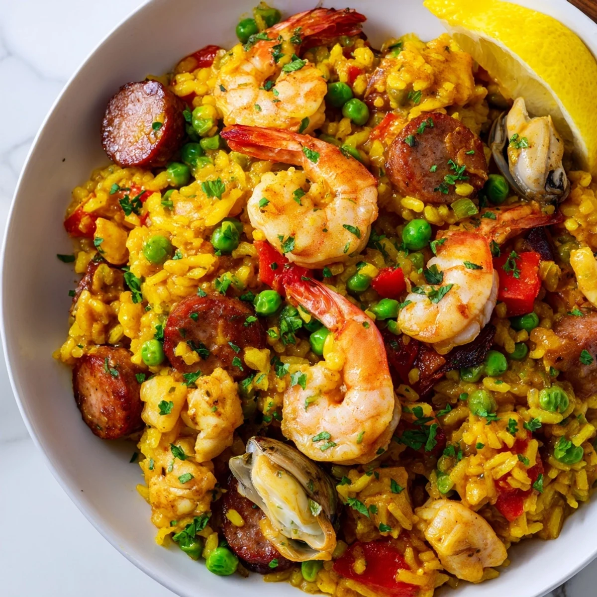 Steaming hot Paella Spanish Rice with colorful vegetables and savory seafood arranged beautifully.